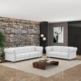 Conjunto De Sofá Sala De Estar Stanford Chesterfield 2 E 3 Lugares 200cm/240cm Pés Madeira Couro Branco G58 - Gran Belo