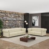 Conjunto De Sofá Sala De Estar Stanford Chesterfield 2 E 3 Lugares 200cm/260cm Pés Madeira Couro Off White G58 - Gran Belo