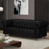 Sofá Living Sala De Estar Stanford Chesterfield 2 Lugares 200cm Pés De Madeira Couro Preto Brilho G58 - Gran Belo