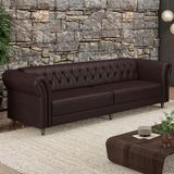 Sofá Living Sala De Estar Stanford Chesterfield 3 Lugares 240cm Pés De Madeira Couro Wine Vinho G58 - Gran Belo