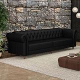 Sofá Living Sala De Estar Stanford Chesterfield 3 Lugares 240cm Pés De Madeira Couro Preto Brilho G58 - Gran Belo