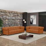 Conjunto De Sofá Sala De Estar Stanford Chesterfield 2 E 3 Lugares 200cm/260cm Pés Madeira Couro Terracota G58 - Gran Belo