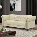 Sofá Living Sala De Estar Stanford Chesterfield 2 Lugares 220cm Pés De Madeira Couro Off White G58 - Gran Belo