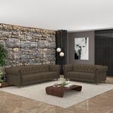 Conjunto De Sofá Sala De Estar Stanford Chesterfield 2 E 3 Lugares 180cm/240cm Pés Madeira Couro Capuccino G58 - Gran Belo