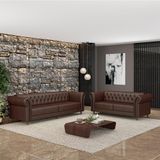 Conjunto De Sofá Sala De Estar Stanford Chesterfield 2 E 3 Lugares 180cm/260cm Pés Madeira Couro Marrom Brilho G58 - Gran Belo