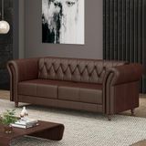 Sofá Living Sala De Estar Stanford Chesterfield 2 Lugares 200cm Pés De Madeira Couro Marrom Brilho G58 - Gran Belo