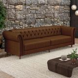 Sofá Living Sala De Estar Stanford Chesterfield 3 Lugares 240cm Pés De Madeira Couro Marrom Manchado G58 - Gran Belo