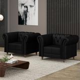 Kit 2 Poltronas Decorativas Sala De Estar Stanford Chesterfield Pés De Madeira Couro Preto Brilho G58 - Gran Belo