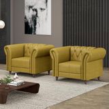 Kit 2 Poltronas Decorativas Sala De Estar Stanford Chesterfield Pés De Madeira Couro Bege Manchado G58 - Gran Belo