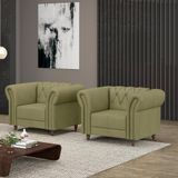 Kit 2 Poltronas Decorativas Sala De Estar Stanford Chesterfield Pés De Madeira Couro Fendi G58 - Gran Belo