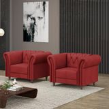 Kit 2 Poltronas Decorativas Sala De Estar Stanford Chesterfield Pés De Madeira Couro Vermelho G58 - Gran Belo