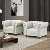 Kit 2 Poltronas Decorativas Sala De Estar Stanford Chesterfield Pés De Madeira Couro Branco Manchado G58 - Gran Belo