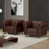 Kit 2 Poltronas Decorativas Sala De Estar Stanford Chesterfield Pés De Madeira Couro Marrom Brilho G58 - Gran Belo