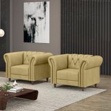 Kit 2 Poltronas Decorativas Sala De Estar Stanford Chesterfield Pés De Madeira Couro Bege G58 - Gran Belo