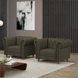 Kit 2 Poltronas Decorativas Sala De Estar Stanford Chesterfield Pés De Madeira Couro Capuccino G58 - Gran Belo