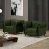 Kit 2 Poltronas Decorativas Sala De Estar Stanford Chesterfield Pés De Madeira Couro Verde Manchado G58 - Gran Belo