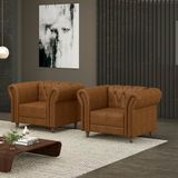 Kit 2 Poltronas Decorativas Sala De Estar Stanford Chesterfield Pés De Madeira Couro Mel Manchado G58 - Gran Belo