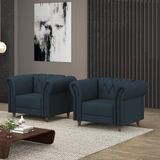 Kit 2 Poltronas Decorativas Sala De Estar Stanford Chesterfield Pés De Madeira Couro Azul Marinho G58 - Gran Belo