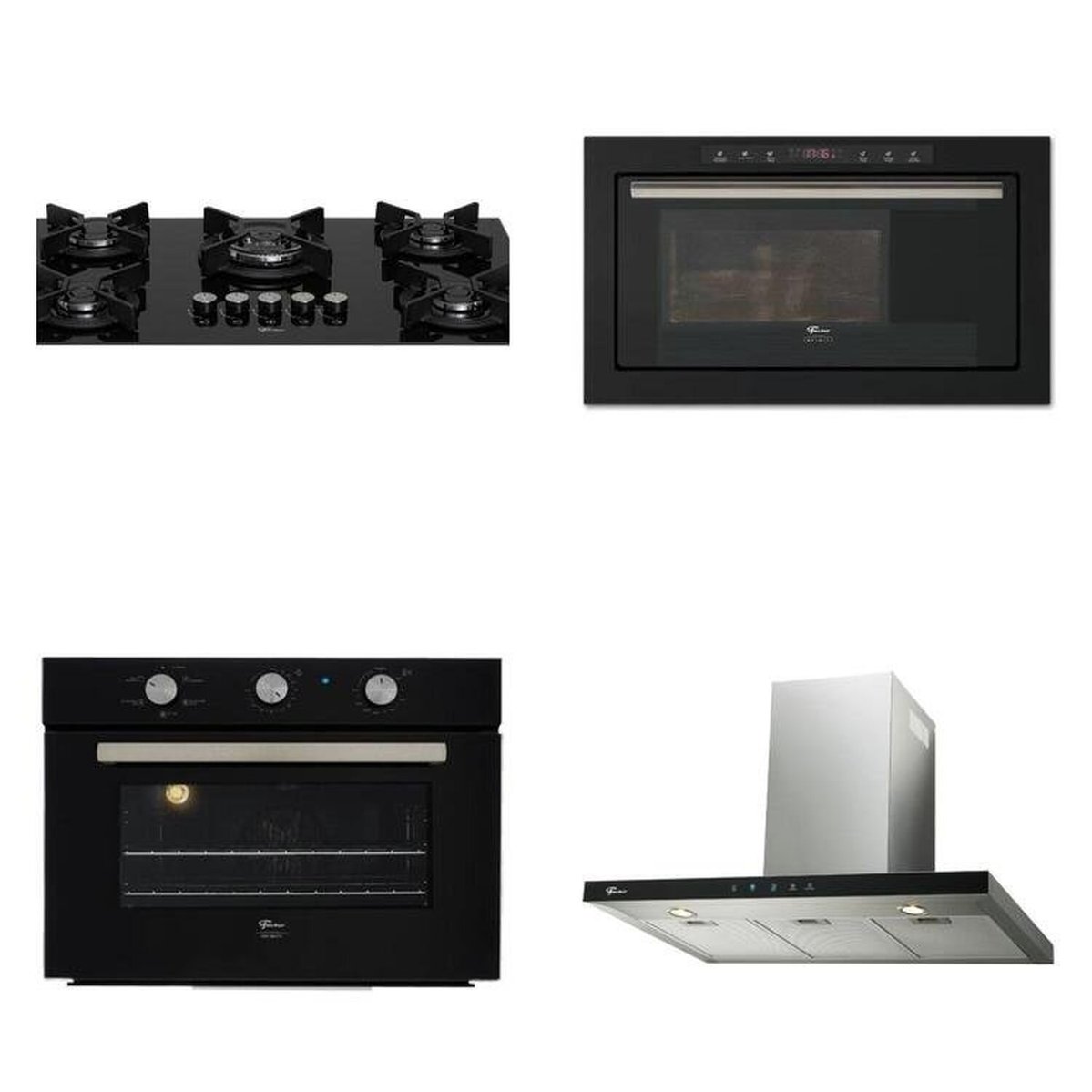 Conjunto Fogão 5b Tc, Forno 50l 220v, Micro-ondas 25l 220v, Coifa Parede 90cm 220v Linha Infinity Preto