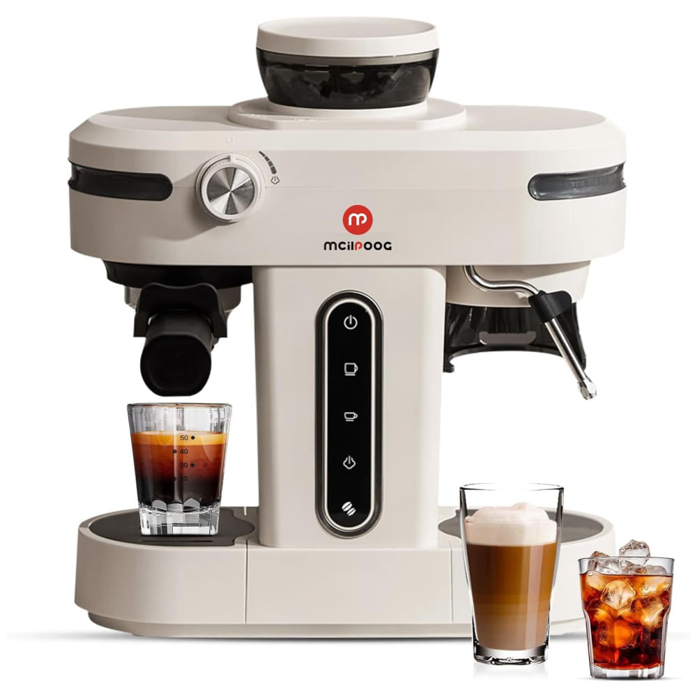 Máquina De Café Expresso Semiautomática 3 Em 1 Com Moedor Embutido E Bocal De Leite, 110v 1150w, Mcilpoog Ac510, Branco Creme