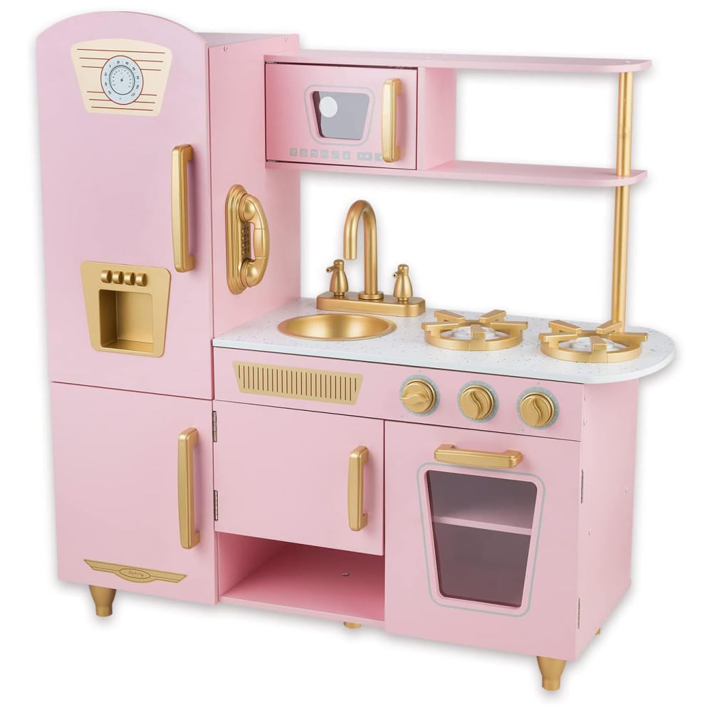 Cozinha Infantil Em Madeira Com Telefone, Micro-ondas, Geladeira, Torneira E Pia Realistas Para Crianças Acima De 3 Anos, Woodenedu, Rosa