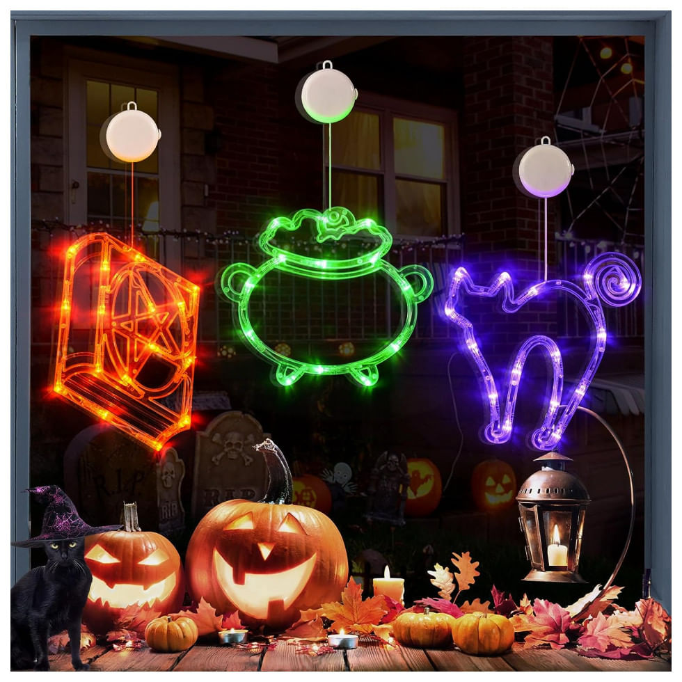 Kit Decoração Interna Para Halloween Led 3 Peças Inclui Livro, Caldeirão E Gato, Lolstar