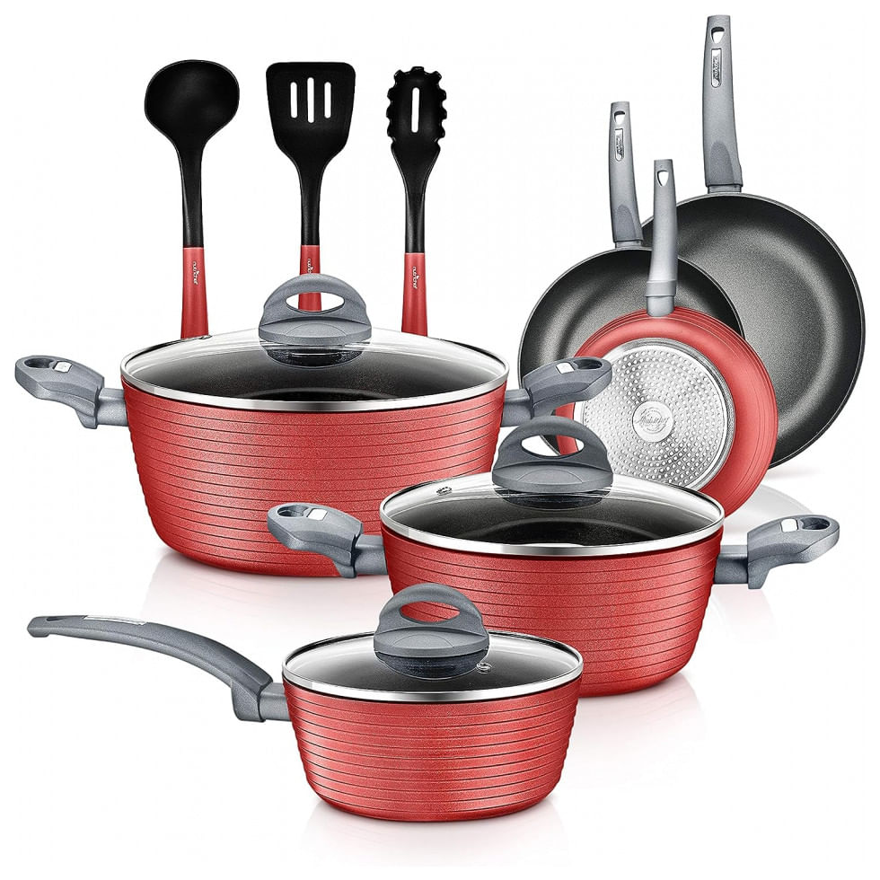 Jogo De Panelas E Frigideiras Antiaderentes Em Aluminio Com Utensilios, 12 Pecas, Nutrichef Nccw12red, Vermelho