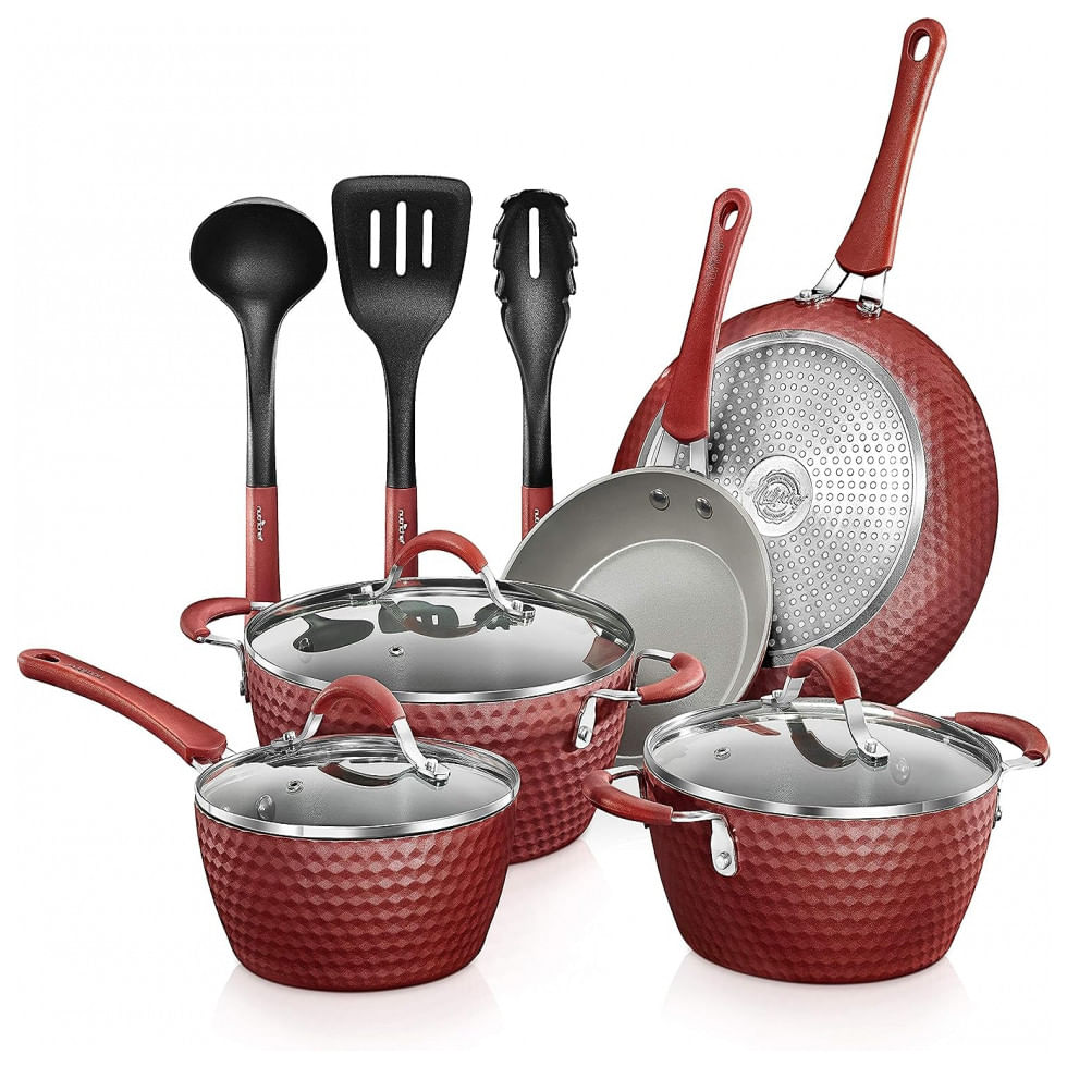 Conjunto De Panelas Antiaderentes E Utensilios, 11 Pecas, Nutrichef Nccw11rdd, Vermelho