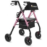 Andador Para Idoso Dobrável Até 136kg Com Assento, Encosto Extra Largo E Suporte Para Bengala, Flyingjoy, Rosa