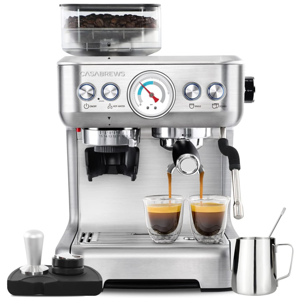 Máquina De Café Expresso 20 Bar Com Vaporizador De Leite, Moedor Embutido E Tanque De Água Removível De 2,6l, 110v 1500w, Casabrews, Prata