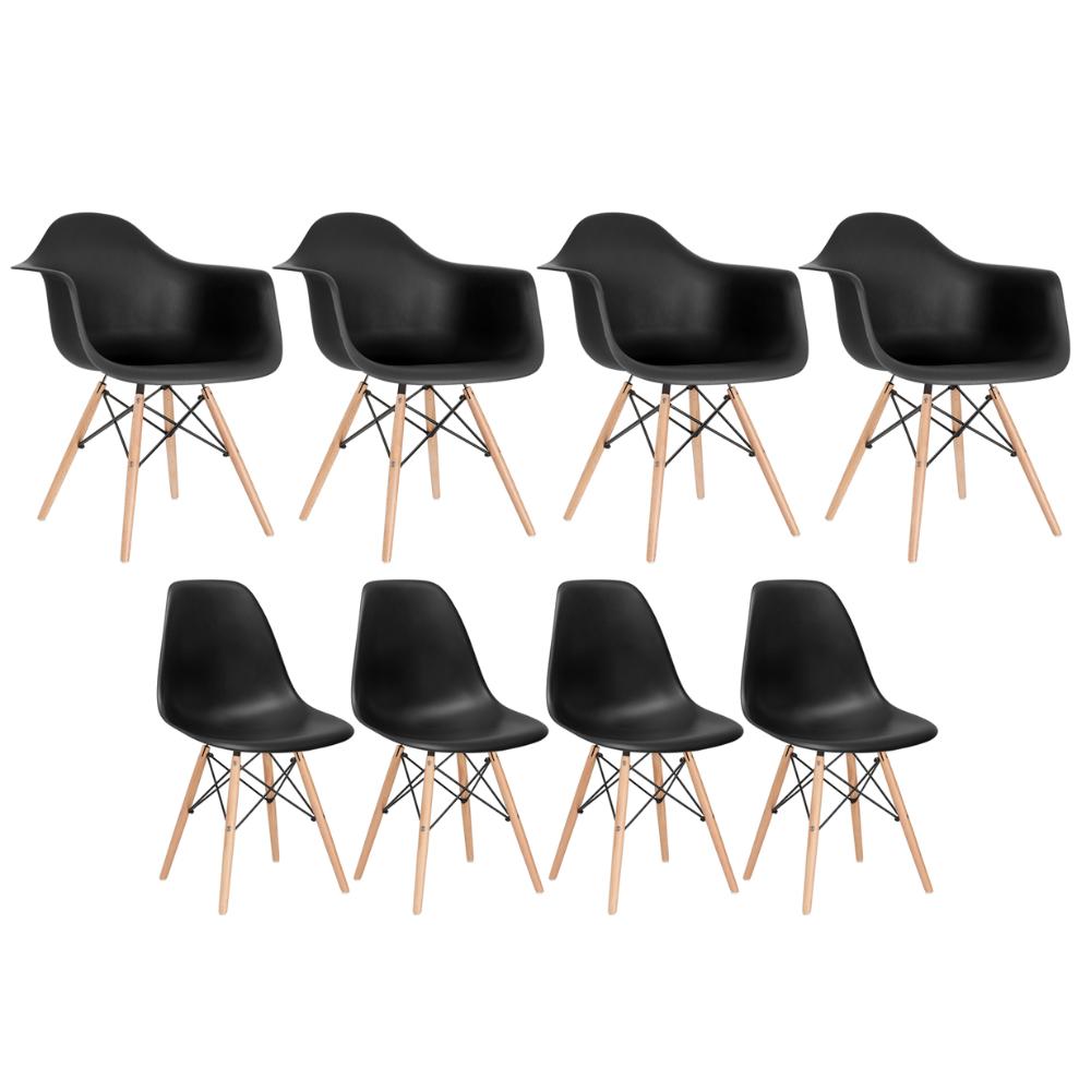 Kit 4 Cadeiras Eames Daw Com Braços + 4 Cadeiras Eiffel Dsw Preto