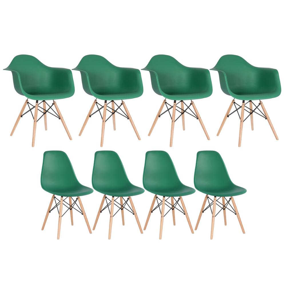 Kit 4 Cadeiras Eames Daw Com Braços + 4 Cadeiras Eiffel Dsw Verde Escuro