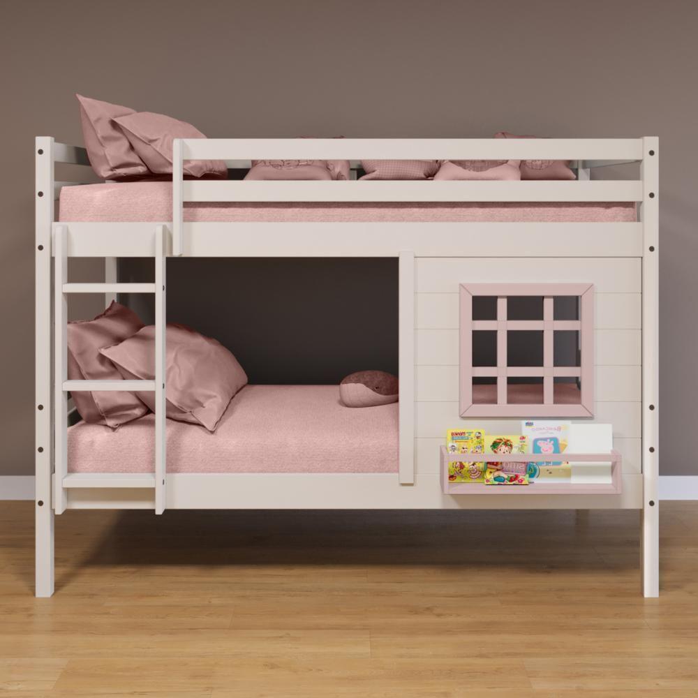 Beliche Infantil Com Janela Madeira Maciça Branco/ Rosa Housin