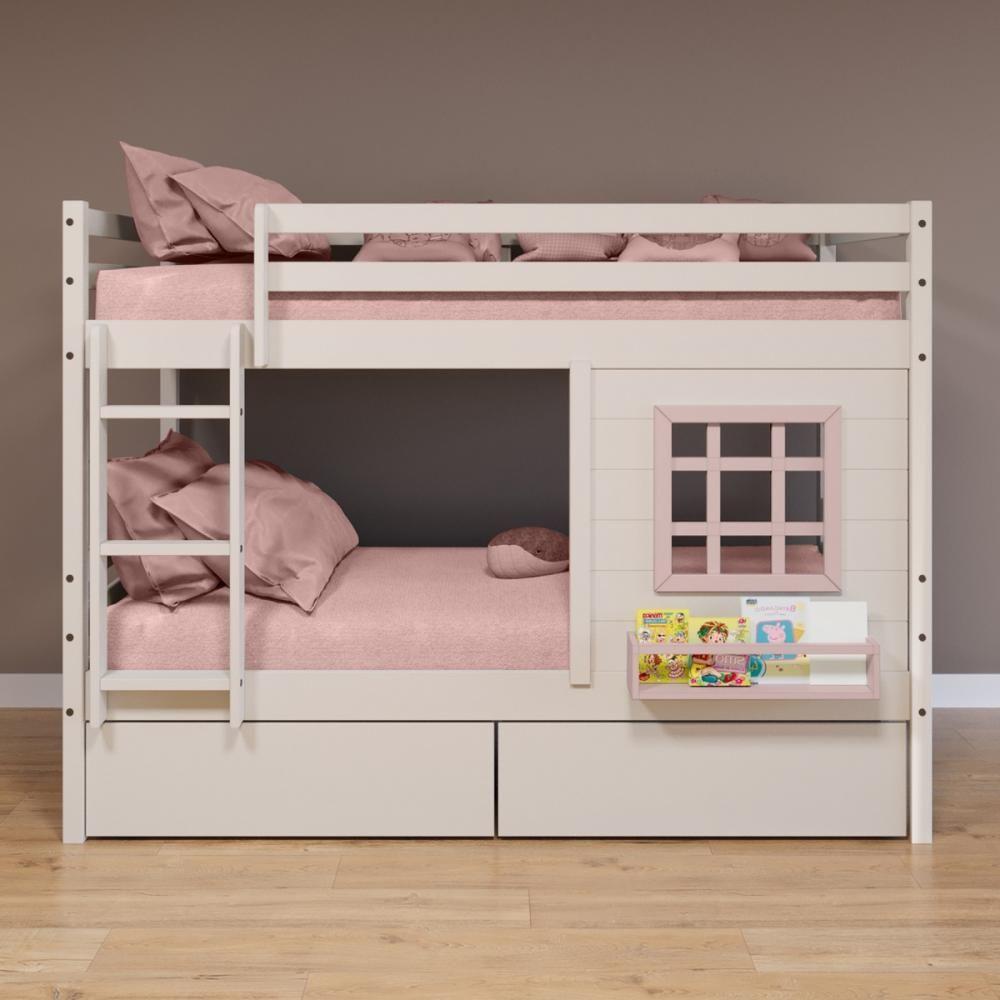 Beliche Infantil Com Janela E Gavetas Madeira Maciça Branco/ Rosa Housin