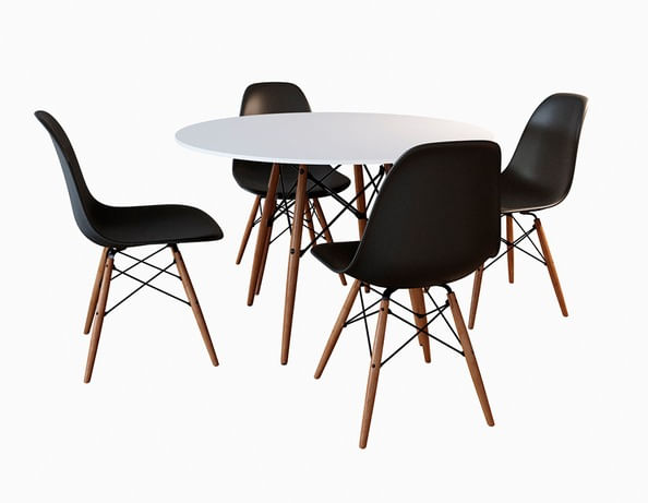 Conjunto De Mesa De Jantar Eames Eiffel Redonda 110cm Tampo De Madeira Branco Com 4 Cadeiras Pretas