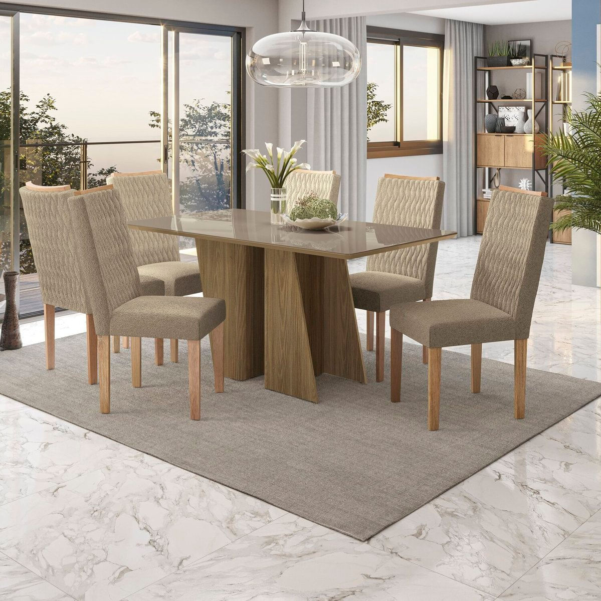 Conjunto Mesa De Jantar Com Tampo Retangular E 6 Cadeiras Nogueira/fendi