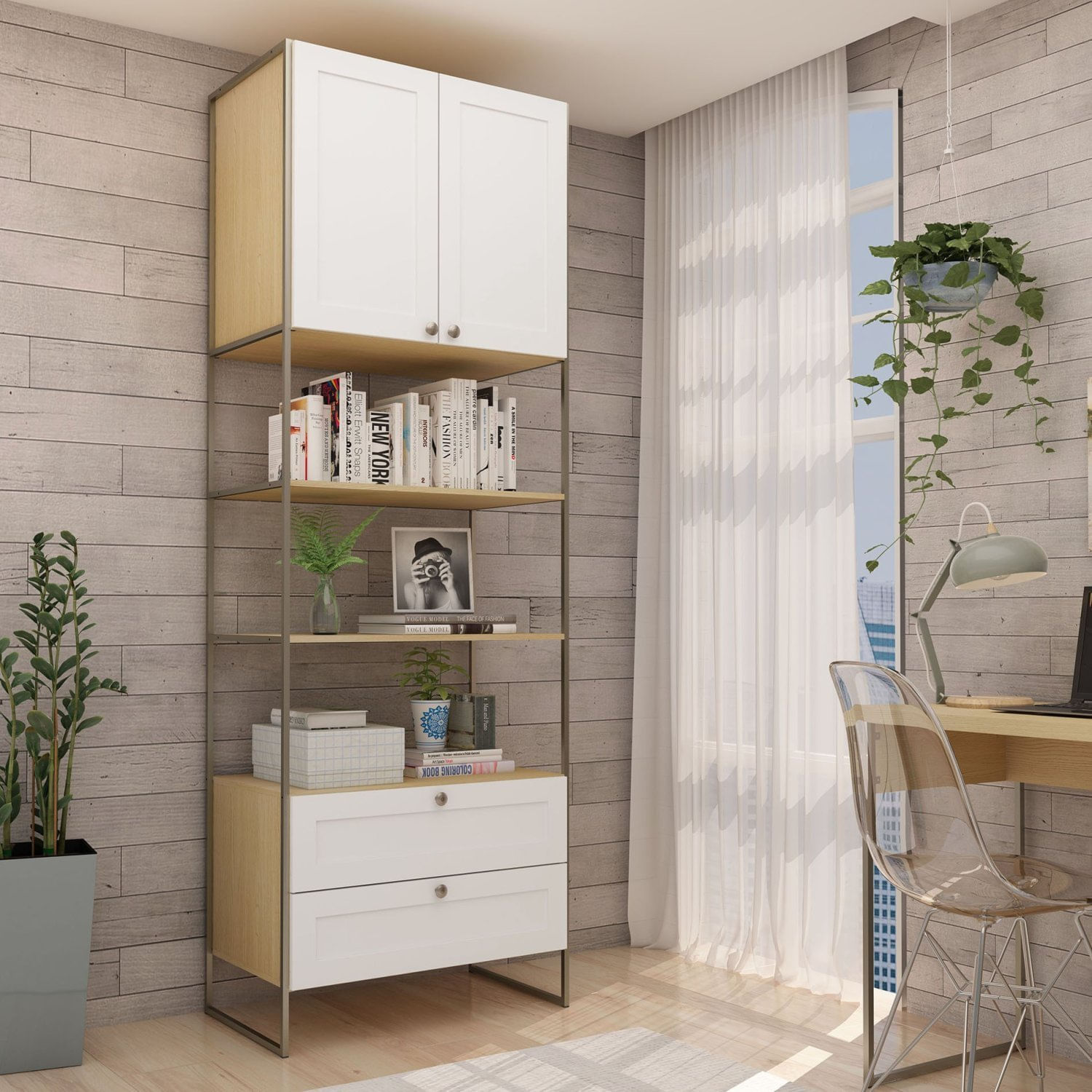 Estantes Para Livros Provençal 2 Portas 2 Gavetas 100% Mdf Com Metalon Infinity Genialflex Savana/branco