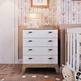 Cômoda Infantil Multiuso Organizadora Quarto 4 Gavetas Design Retrô Branco Com Marrom Madeira