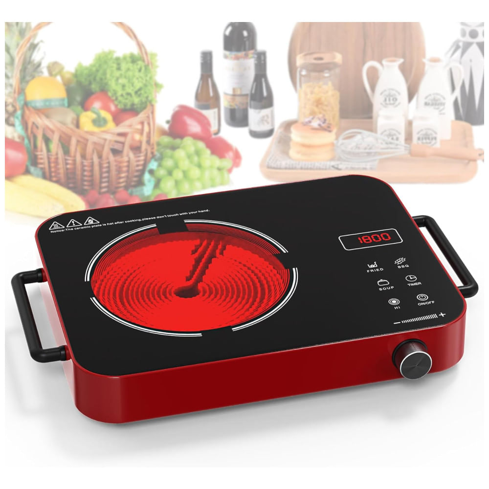 Cooktop Elétrico De Indução Portátil Com Queimador Único, 9 Níveis De Potência, Temporizador De 4h E Alças, 110v 1800w, Vbgk Id001, Vermelho