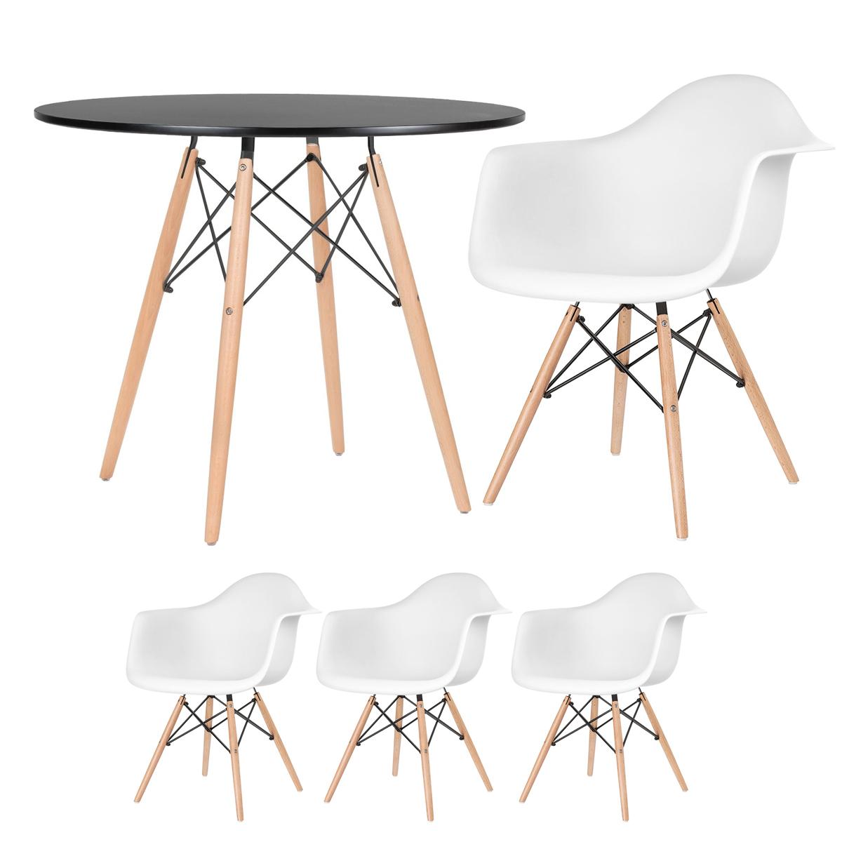 Mesa Redonda Eames 90 Cm Preto + 3 Cadeiras Eiffel Daw Branco