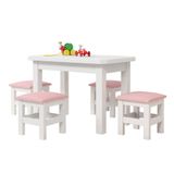 Mesa Infantil Retangular Com 4 Banquetas Branco Com Estofado Rosa Madeira Maciça Nemargi