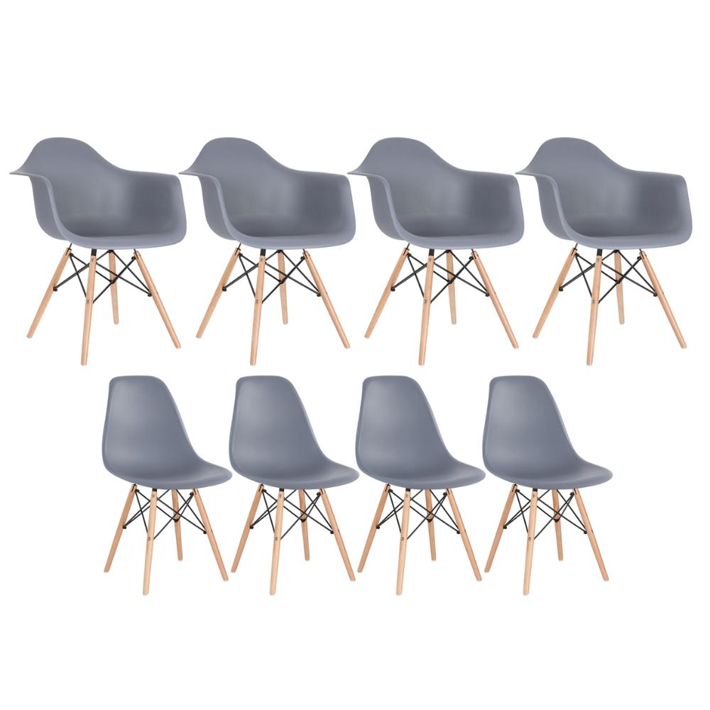 Kit 4 Cadeiras Eames Daw Com Braços + 4 Cadeiras Eiffel Dsw Cinza Escuro