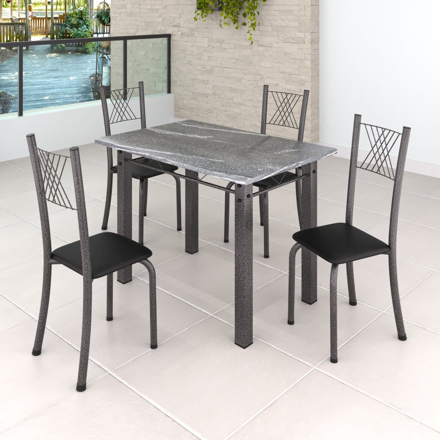 Conjunto Mesa Com 4 Cadeiras Tampo De Granito Topázio sara yescasa Preto Liso/martelado Prata