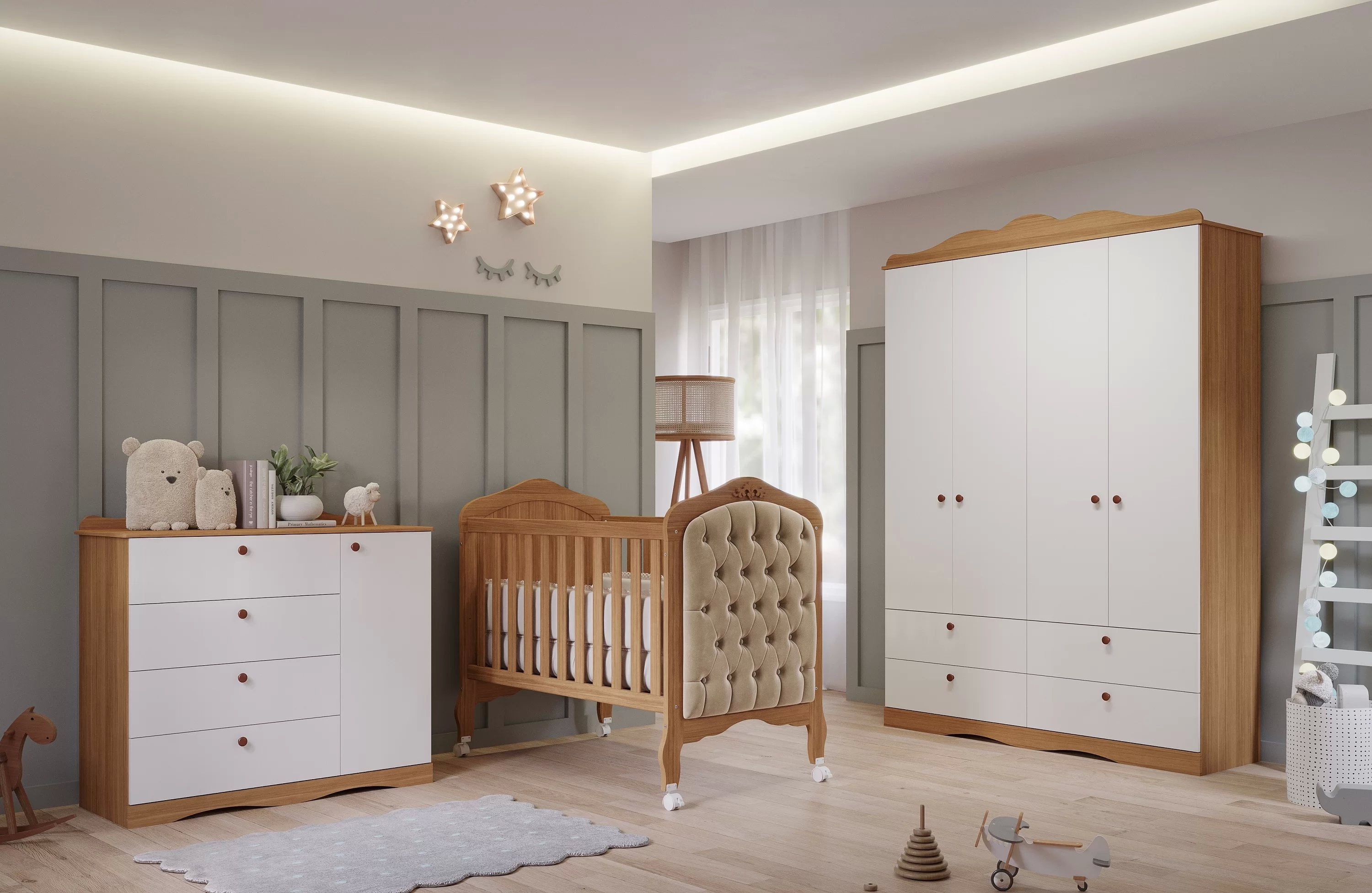 Quarto De Bebê 3 Peças Com Berço Capitonê Cômoda 4 Gavetas E Guarda Roupa 4 Portas 4 Gavetas Aquarel Nature/branco