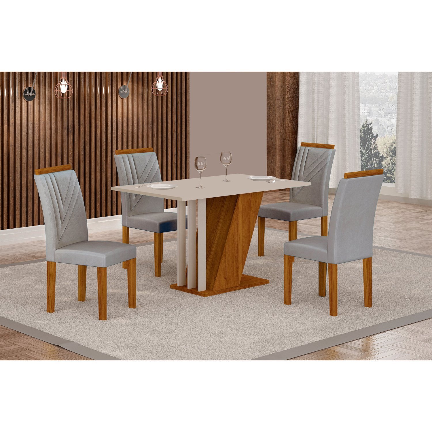 Conjunto Sala De Jantar Mesa Tampo Mdf/mdp Com 4 Cadeiras Miami Yescasa Freijó/off White/prata