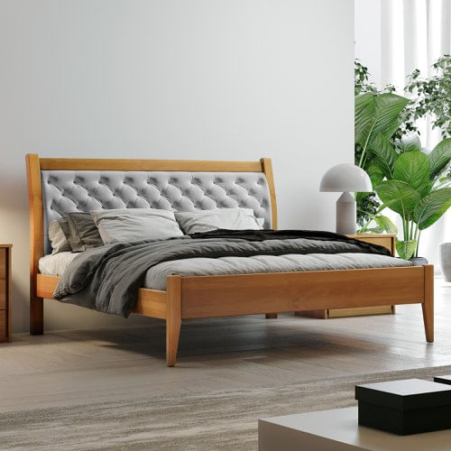 Cama Casal Queen 160cm Vivare Josandro Amêndoa Mel/Veludo Cinza Claro