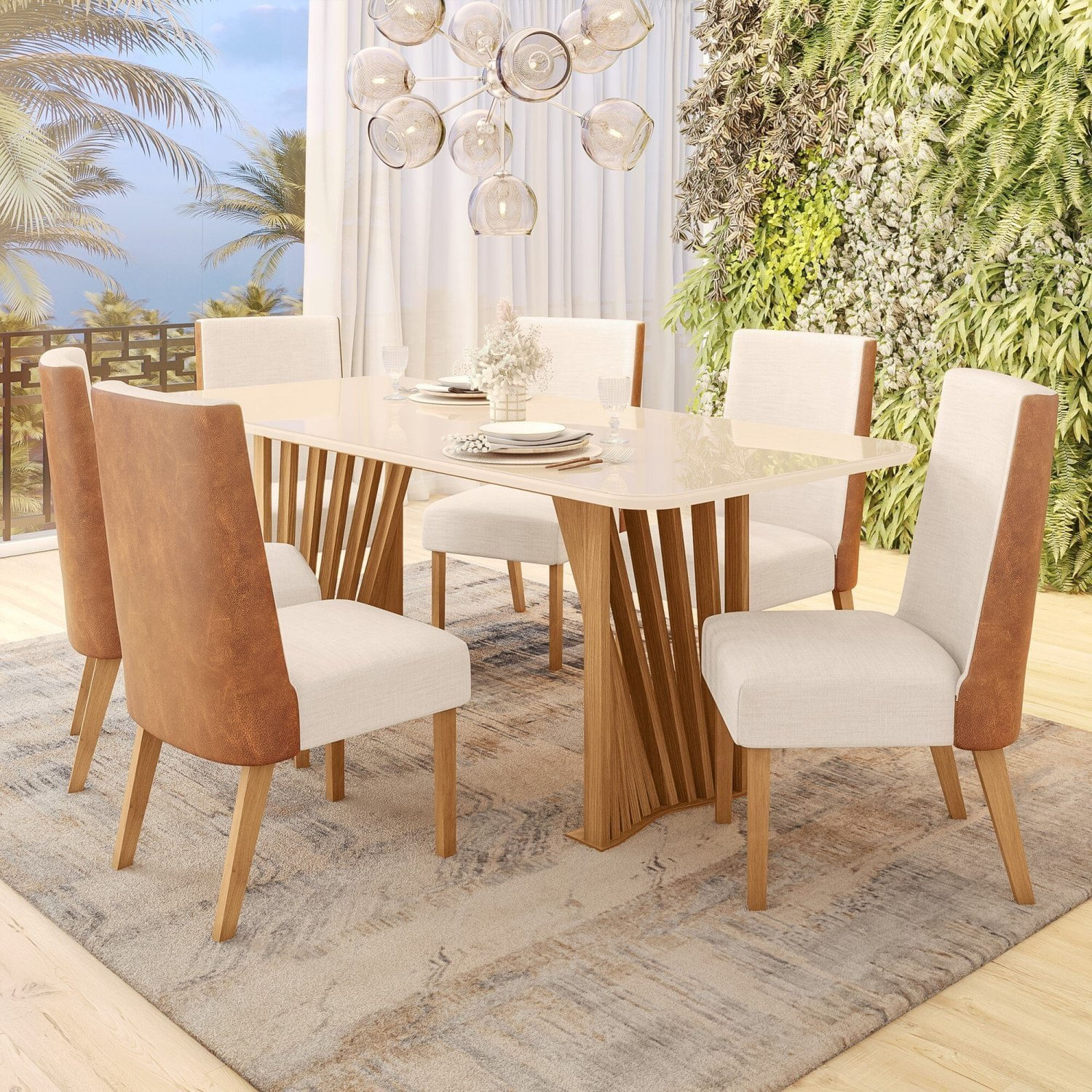 Conjunto Sala De Jantar Mesa Tampo Mdf/vidro Com 6 Cadeiras Milena Nature/off White/linho