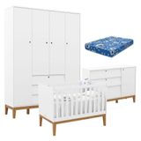 Quarto De Bebe Unique 4 Portas Com Cômoda Sapateira Branco Soft Eco Wood E Colchão Ortobom - Matic