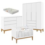 Quarto De Bebê Nature Clean 4 Portas Com Berço Unique Branco Soft Eco Wood E Colchão Gazin - Matic