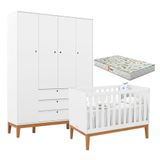 Berço Americano E Guarda Roupa Unique 4 Portas Branco Soft Eco Wood Com Colchão Gazin - Matic